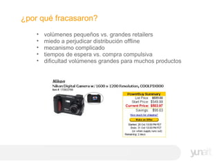 ¿por qué fracasaron? volúmenes pequeños vs. grandes retailers miedo a perjudicar distribución offline mecanismo complicado tiempos de espera vs. compra compulsiva dificultad volúmenes grandes para muchos productos 
