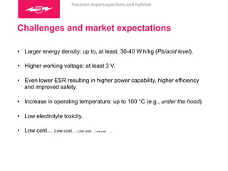 Yunasko supercapacitors and hybrids 
Challenges and market expectations 
• Larger energy density: up to, at least, 30-40 W.h/kg (Pb/acid level). 
• Higher working voltage: at least 3 V. 
• Even lower ESR resulting in higher power capability, higher efficiency 
and improved safety. 
• Increase in operating temperature: up to 100 °C (e.g., under the hood). 
• Low electrolyte toxicity. 
• Low cost… Low cost… Low cost… Low cost… …. 
 