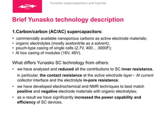 Yunasko supercapacitors and hybrids 
Brief Yunasko technology description 
1. Carbon/carbon (AC/AC) supercapacitors: 
• commercially available nanoporous carbons as active electrode materials; 
• organic electrolytes (mostly acetonitrile as a solvent); 
• pouch-type casing of single cells (2.7V, 400… 3000F); 
• Al box casing of modules (16V, 48V). 
What differs Yunasko SC technology from others: 
• we have analysed and reduced all the contributions to SC inner resistance, 
in particular, the contact resistance at the active electrode layer - Al current 
collector interface and the electrolyte in-pore resistance; 
• we have developed electrochemical and NMR techniques to best match 
positive and negative electrode materials with organic electrolytes; 
• as a result we have significantly increased the power capability and 
efficiency of SC devices. 
 