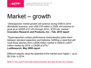 ULTRACAPACITORS AS THE KEY TO
                   EFFICIENT POWER SOLUTIONS




Market – growth
“Ultracapacitor market growth will continue during 2009 to 2014.
Worldwide business, over US$ 275 million in 2009, will continue to
grow at an AAGR of 21.4% through 2014 - $725 mln. market.”
Innovative Research and Products, Inc – Feb. 2010 report

“Supercapacitors unique performance characteristics place them
between standard capacitors and batteries, fullfilling a need that will
vault these devices from a $208 million market in 2008 to a $877
million market by 2014, a CAGR of 27%.”
LuxResearch, May 2009 report

Different experts value the potential of the market even higher – up to
$2-3 bln. in 2014

Both Li Ion and Fuel Cell improvements are the drivers for UCaps
 