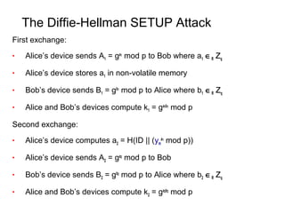The Diffie-Hellman SETUP Attack
First exchange:
• Alice’s device sends A1 = ga1
mod p to Bob where a1 ∈R ZZq
• Alice’s device stores a1 in non-volatile memory
• Bob’s device sends B1 = gb1
mod p to Alice where b1 ∈R ZZq
• Alice and Bob’s devices compute k1 = ga1b1
mod p
Second exchange:
• Alice’s device computes a2 = H(ID || (ym
a1
mod p))
• Alice’s device sends A2 = ga2
mod p to Bob
• Bob’s device sends B2 = gb2
mod p to Alice where b2 ∈R ZZq
• Alice and Bob’s devices compute k2 = ga2b2
mod p
 