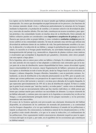 Situación ambiental en los Bosques Andinos Yungueños




Los tapires son los herbívoros terrestres de mayor tamaño que habitan actualmente los bosques
neotropicales. Se conoce que desempeñan un papel destacado en los procesos y las funciones de
los sistemas naturales donde viven, e influencian particularmente la estructura de los bosques
mediante la dispersión y la predación de semillas y el ramoneo selectivo de diversidad de plan-
tas y renovales de muchos árboles. Por otro lado, constituyen un recurso económico, pues apor-
tan proteínas a las comunidades locales en muchas áreas de su distribución. Estos animales de
hábitos solitarios pueden ser considerados como ingenieros o arquitectos de paisaje por la in-
fluencia que ejercen sobre su propio hábitat, y como verdaderos centinelas ecológicos para de-
tectar cambios en las comunidades naturales. Se trata de animales muy móviles que utilizan una
diversidad de ambientes dentro de sus ámbitos de vida. Son particularmente sensibles a la cace-
ría, la alteración y la reducción de sus hábitat, y aunque la perturbación que promueve la diver-
sidad y la sucesión en el bosque puede beneficiarla, las actividades humanas que tienden a la
homogeneización del paisaje (e.g. monocultivos, dispersión de plantas exóticas como malezas
o cicatrizantes que acompañan la degradación por ganadería y desmonte, entre otros) perjudi-
can esta especie a largo plazo.
En la Argentina, aún se conoce poco sobre sus hábitos y biología. Es evidente que las poblacio-
nes más australes de esta especie se han adaptado a condiciones más estresantes que en la ma-
yor parte de su área de distribución: menor disponibilidad de frutos, menos diversidad vegetal,
mayor estacionalidad de los recursos, mayor fragmentación de hábitat y presencia de ganado.
Los tapires se distribuían en todo el norte del país, desde las Yungas hasta la selva misionera, en
bosques y sabanas chaqueñas, bosques ribereños, humedales y aun en pastizales serranos. Ac-




                                                                                                      La Situación Ambiental Argentina 2005
tualmente, su área de distribución se ha reducido prácticamente en un 50%, pero se puede con-
siderar que existen poblaciones con perspectivas de supervivencia a largo plazo sólo en los re-
manentes de selvas (del noroeste y noreste) y en áreas poco alteradas de la región chaqueña, lo
que representa aproximadamente un 10% de su área de distribución original. Si bien es común
que la gente local comente que “anta hay mucho y en todas partes”, suelen verse en abundancia
sus huellas, lo que no necesariamente indica que hay muchos individuos; es válido pensar que
tienen que caminar mucho para satisfacer sus necesidades de alimento. La mayor extensión de
un hábitat adecuado y continuo para esta especie en la Argentina se encuentra hoy en día en las
Yungas, y está particularmente protegida dentro de los parques nacionales y en las porciones
montañosas más inaccesibles.
El avance de la frontera agrícola está provocando una alarmante disminución del hábitat
disponible, un aislamiento de los ambientes de montaña del piedemonte y su continuidad
con los bosques chaqueños, a la vez que también disminuye el tamaño de las poblaciones e
impide su dispersión. En consecuencia, la dinámica natural de los desplazamientos y el flu-
jo genético están siendo alterados, a lo que se le suma la reducción y el confinamiento de
las poblaciones. Esto seguramente tendrá consecuencias altamente negativas para la super-
vivencia del tapir en el país y, por ende, en el equilibrio de los ecosistemas que constituyen
su hábitat natural.

                                                57
 