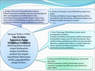 a. Budget Allocation (Pengalokasian budget) Pilihan konsumen terhadap suatu barang dipengaruhi oleh cara bagaimana membelanjakan atau menyimpan dana yang tersedia, kapan waktu yang tepat untuk membelanjakan uang dan apakah perlu melakukan pinjaman untuk melakukan pembelian. b. Product Purchase or Not (Membeli produk atau tidak) Perilaku pembelian yang menggambarkan pilihan yang dibuat oleh konsumen, berkenaan dengan tiap kategori produk atau jasa itu sendiri. c. Store Patronage (Pemilihan tempat untuk mendapatkan produk) Perilaku pembelian berdasarkan pilihan konsumen, berdasarkan tempat atau di mana konsumen akan melaksanakan pembelian produk atau jasa tersebut. Misalnya, apakah lokasi bakery menjadi salah satu faktor yang menentukan konsumen dalam melakukan proses pembelian. d. Brand and Style Decision (Keputusan atas merek dan gaya) Pilihan konsumen untuk memutuskan secara terperinci mengenai produk apa yang sebenarnya ingin dibeli. Menurut Wilkie (1990),  Tipe Perilaku Konsumen Dalam Melakukan Pembelian  dikelompokkan menjadi empat berdasarkan tingkat keterlibatan pembeli dan tingkat keterlibatan diferensiasi merek, yang dijelaskan sebagai berikut : 