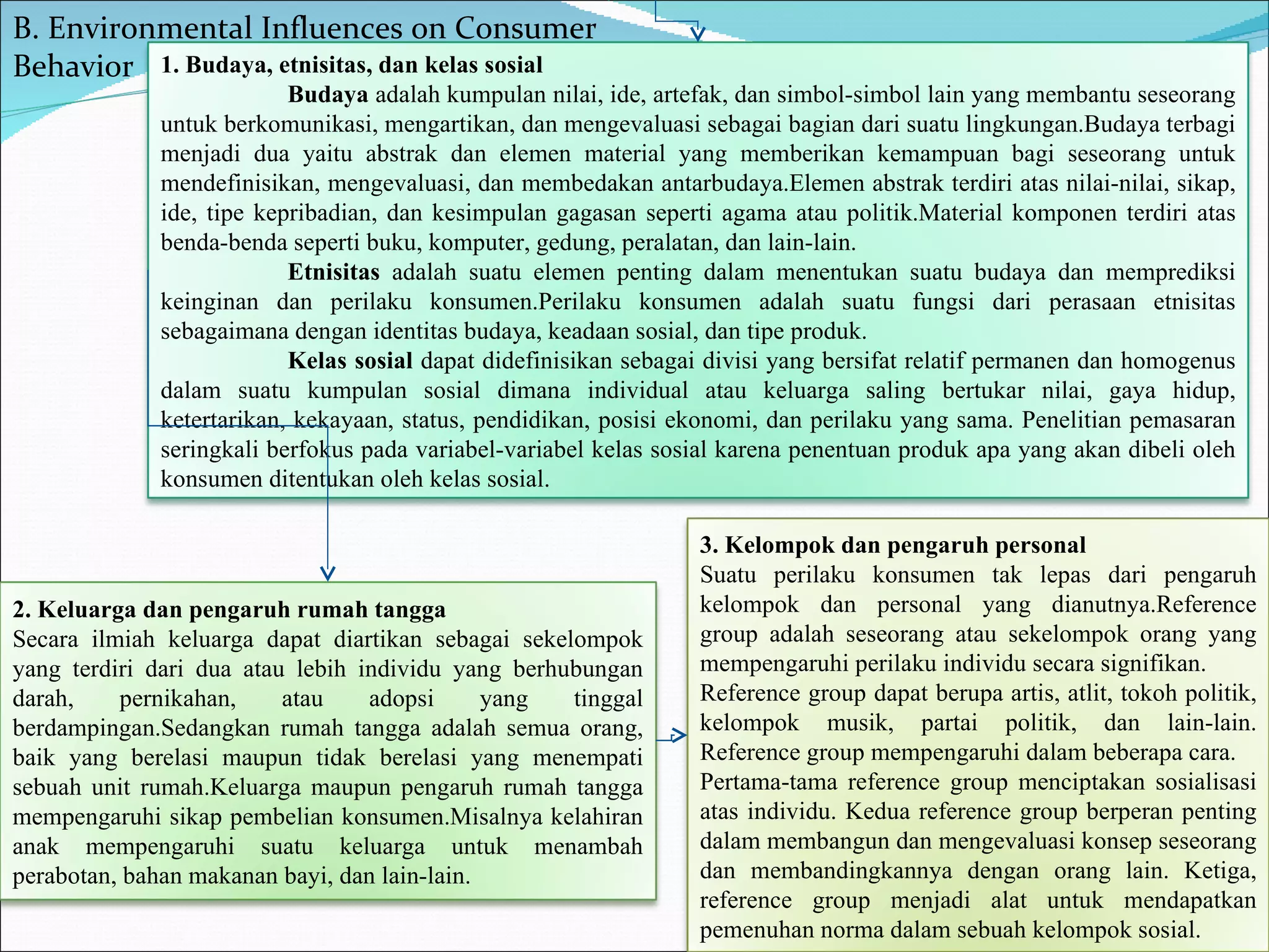 B. Environmental Influences on Consumer Behavior 1. Budaya, etnisitas, dan kelas sosial Budaya  adalah kumpulan nilai, ide, artefak, dan simbol-simbol lain yang membantu seseorang untuk berkomunikasi, mengartikan, dan mengevaluasi sebagai bagian dari suatu lingkungan.Budaya terbagi menjadi dua yaitu abstrak dan elemen material yang memberikan kemampuan bagi seseorang untuk mendefinisikan, mengevaluasi, dan membedakan antarbudaya.Elemen abstrak terdiri atas nilai-nilai, sikap, ide, tipe kepribadian, dan kesimpulan gagasan seperti agama atau politik.Material komponen terdiri atas benda-benda seperti buku, komputer, gedung, peralatan, dan lain-lain. Etnisitas  adalah suatu elemen penting dalam menentukan suatu budaya dan memprediksi keinginan dan perilaku konsumen.Perilaku konsumen adalah suatu fungsi dari perasaan etnisitas sebagaimana dengan identitas budaya, keadaan sosial, dan tipe produk. Kelas sosial  dapat didefinisikan sebagai divisi yang bersifat relatif permanen dan homogenus dalam suatu kumpulan sosial dimana individual atau keluarga saling bertukar nilai, gaya hidup, ketertarikan, kekayaan, status, pendidikan, posisi ekonomi, dan perilaku yang sama. Penelitian pemasaran seringkali berfokus pada variabel-variabel kelas sosial karena penentuan produk apa yang akan dibeli oleh konsumen ditentukan oleh kelas sosial. 2. Keluarga dan pengaruh rumah tangga Secara ilmiah keluarga dapat diartikan sebagai sekelompok yang terdiri dari dua atau lebih individu yang berhubungan darah, pernikahan, atau adopsi yang tinggal berdampingan.Sedangkan rumah tangga adalah semua orang, baik yang berelasi maupun tidak berelasi yang menempati sebuah unit rumah.Keluarga maupun pengaruh rumah tangga mempengaruhi sikap pembelian konsumen.Misalnya kelahiran anak mempengaruhi suatu keluarga untuk menambah perabotan, bahan makanan bayi, dan lain-lain. 3. Kelompok dan pengaruh personal Suatu perilaku konsumen tak lepas dari pengaruh kelompok dan personal yang dianutnya.Reference group adalah seseorang atau sekelompok orang yang mempengaruhi perilaku individu secara signifikan. Reference group dapat berupa artis, atlit, tokoh politik, kelompok musik, partai politik, dan lain-lain. Reference group mempengaruhi dalam beberapa cara. Pertama-tama reference group menciptakan sosialisasi atas individu. Kedua reference group berperan penting dalam membangun dan mengevaluasi konsep seseorang dan membandingkannya dengan orang lain. Ketiga, reference group menjadi alat untuk mendapatkan pemenuhan norma dalam sebuah kelompok sosial. 