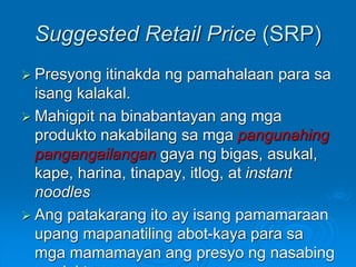 Seatwork:
Sa anong presyo maaring
ipataw ang sumusunod:
 Price ceiling sa unang
kurba ng supply
 Price floor sa unang ku...