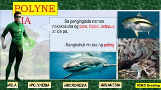 POLYNE
SIA
#2ND Grading#ISLA #MILANESIA#POLYNESIA #MICRONESIA
Sa pangingisda naman
nakakakuha ng tuna, hipon, octopus,
at iba pa.
-Nanghuhuli rin sila ng pating.
 