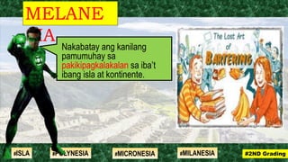 Nakabatay ang kanilang
pamumuhay sa
pakikipagkalakalan sa iba’t
ibang isla at kontinente.
MELANE
SIA
#2ND Grading#ISLA #MILANESIA#POLYNESIA #MICRONESIA
 