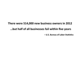 There	
  were	
  514,000	
  new	
  business	
  owners	
  in	
  2012	
  	
  
…but	
  half	
  of	
  all	
  businesses	
  fail	
  within	
  ﬁve	
  years	
  
−	
  U.S.	
  Bureau	
  of	
  Labor	
  StaAsAcs	
  
 