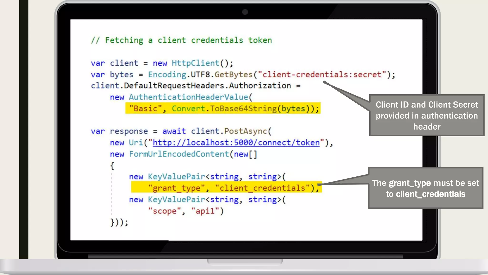 Client ID and Client Secret provided in authentication header The grant_type must be set to client_credentials 