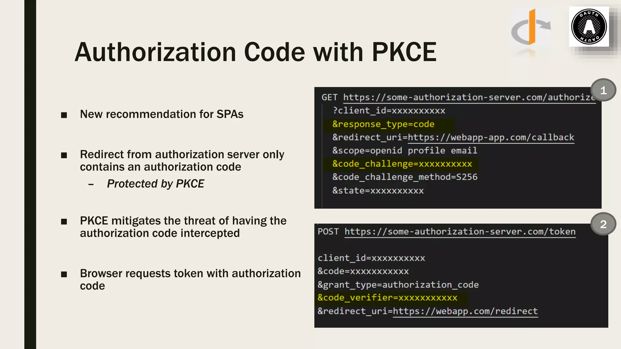 Authorization Code with PKCE ■ New recommendation for SPAs ■ Redirect from authorization server only contains an authorization code – Protected by PKCE ■ PKCE mitigates the threat of having the authorization code intercepted ■ Browser requests token with authorization code 1 2 