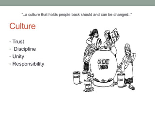 “..a culture that holds people back should and can be changed..”


Culture
• Trust
• Discipline
• Unity
• Responsibility
 
