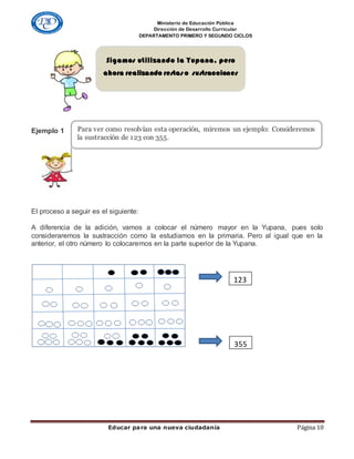 Ministerio de Educación Pública
Dirección de Desarrollo Curricular
DEPARTAMENTO PRIMERO Y SEGUNDO CICLOS
Educar para una nueva ciudadanía Página 10
Ejemplo 1
El proceso a seguir es el siguiente:
A diferencia de la adición, vamos a colocar el número mayor en la Yupana, pues solo
consideraremos la sustracción como la estudiamos en la primaria. Pero al igual que en la
anterior, el otro número lo colocaremos en la parte superior de la Yupana.
Sigamos utilizando la Yupana, pero
ahora realizando restas o sustracciones
123
355
Para ver como resolvían esta operación, miremos un ejemplo: Consideremos
la sustracción de 123 con 355.
 