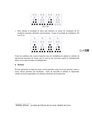 ○  ○

○  ○

○  ○

○  ○

○
○
○
○
○  ●
○  ○
○  ●
○  ○
●  ●
○  ○
●  ●
○  ○
●  ●  ● ●  ●  ● ●  ●  ● ○  ○  ○
  20 × 318


Para   obtener   el   resultado   lo   único   que   hacemos   es   sumar   los   resultados   de   los 
productos parciales obtenidos anteriormente.  Luego el resultado de multiplicar 318 
con 27 es:
○

○

○

○

○  ○

○  ○

○  ○

○  ○

●
○
●
○
●  ●
○  ○
●  ●
○  ●
●  ●
●  ●
●  ●
●  ●
●  ●  ● ●  ●  ● ●  ●  ● ●  ●  ●
Como nos pudimos dar cuenta el proceso inca de multiplicación adopta un método de 
operaciones parciales de sumas, por lo cual no fue necesario repetir el multiplicando 
tantas veces como lo indica el multiplicador.
d. División
En ésta operación3 en lugar de sumar valores parciales como en el caso anterior, vamos a 
restar   valores   parciales   del   dividendo.     Antes   de   describir   el   método   es   importante 
señalar en forma esquemática, los distintos elementos de la operación.

3

BURNS, William. La tabla de Cálculo de los incas. Boletín de Lima.

 