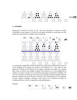 ○
○
○
○
○
○  ○
○  ○
●  ●
○  ○
○  ○
○  ○
○  ○
●  ●
○  ○
●  ●
○  ○  ○ ●  ○  ○ ●  ●  ● ○  ○  ○ ●  ●  ●

○
●  ○
●  ●
●  ●  ●

d. DIVISIÓN
Efectuemos la división de 8.327 en 316.   Para ello, ubicaremos  el número a dividir 
(dividendo) en una yupana y el divisor en la memoria teniendo en cuenta que esta cifra 
quede en la memoria de la columna a que corresponde.
CM

DM

UM

C

D

●●●

U

●

○  ○
○  ○
○  ○
○  ○
○  ○
○
○
●
●
○
○  ○
○  ○
●  ●
●  ●
●  ○
○  ○
○  ○
●  ●
○  ○
●  ○
○  ○  ○ ○  ○  ○ ●  ●  ● ○  ○  ○ ○  ○  ○

●  ○
●
●  ●
●  ●
●  ○  ○

○  ○
○  ○
○  ○
○  ○
○  ○
○
○
○
○
○
○  ○
○  ○
○  ○
○  ○
○  ○
○  ○
○  ○
○  ○
○  ○
○  ○
○  ○  ○ ○  ○  ○ ○  ○  ○ ○  ○  ○ ○  ○  ○

●●●
●●

○  ○
○
○  ○
○  ○
○  ○  ○

A continuación, empezamos a quitar el número de canicas de las unidades de la memoria 
en   las  unidades   de  la   yupana,  las  decenas  en  las   decenas,  etc.,  y  por   cada   vez  que 
quitemos el número de la memoria en la yupana, colocamos una canica en la yupana 
libre; como es notorio, por ejemplo al quitar 316 la primera vez, en las unidades de la 
yupana, las canicas restantes no son suficientes para quitar nuevamente 6 unidades.  En 
este caso, teniendo en cuenta que una canica en la siguiente columna representa 10 de la 
anterior, retiramos una de las decenas y llenamos las 10 perforaciones en las unidades. 
Si   tenía   espacios   ocupados,   colocamos   estas   canicas   en   la   memoria   de   abajo   sin 
olvidarnos de ellas (es decir, las quitamos tan pronto podamos)
Ejemplo:
DM

UM

C

D

U
●●●

●

●●●
●●

 