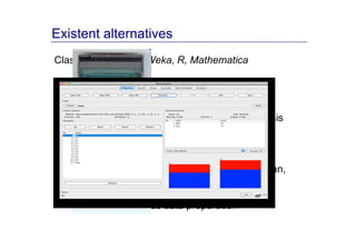 Existent alternatives
Classical approach: Weka, R, Mathematica

Advantages:

       1. Most flexible
       2. Suitable for research and deep analysis

Disadvantages:

       1. It’s complex: suitable for mathematician,
          informatician, statistician but not
          chemist and biologist
       2. Very tedious data preparation
 