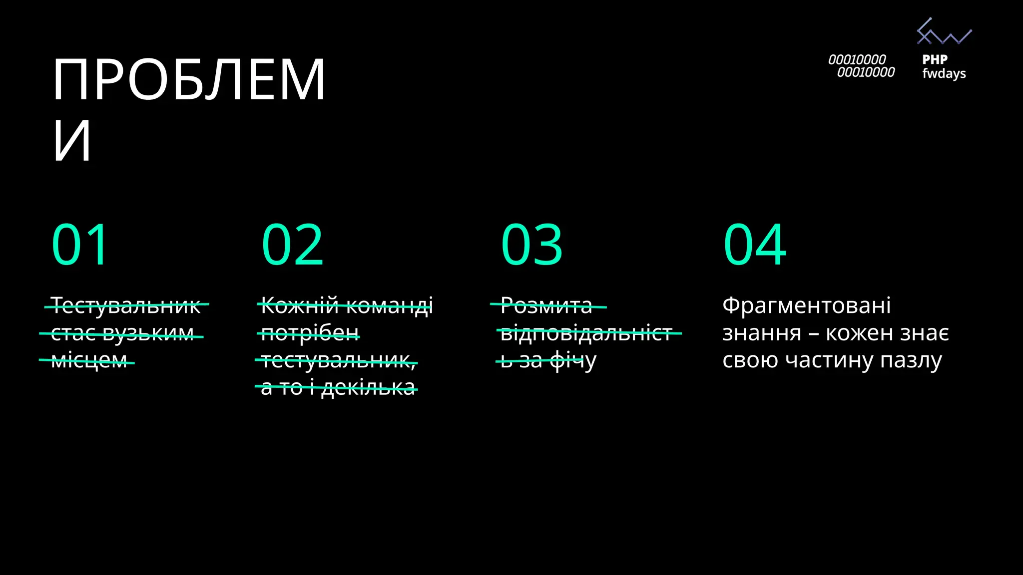 Тестувальник
стає вузьким
місцем
Кожній команді
потрібен
тестувальник,
а то і декілька
Розмита
відповідальніст
ь за фічу
Фрагментовані
знання – кожен знає
свою частину пазлу
01 02 03 04
ПРОБЛЕМ
И
 