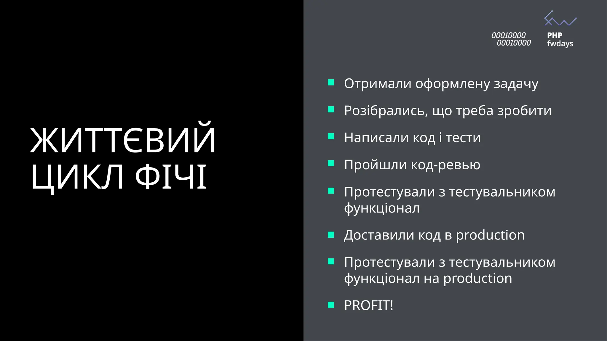 Отримали оформлену задачу
Розібрались, що треба зробити
Написали код і тести
Пройшли код-ревью
Протестували з тестувальником
функціонал
Доставили код в production
Протестували з тестувальником
функціонал на production
PROFIT!
ЖИТТЄВИЙ
ЦИКЛ ФІЧІ
 