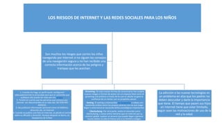 LOS RIESGOS DE INTERNET Y LAS REDES SOCIALES PARA LOS NIÑOS
1. Cuando me haga un perfil social, configuraré
adecuadamemnte la privacidad para que el contenido que
publique sólo pueda ser visto por mis amigos.
2. Tendré en cuenta que las personas que conozco por
internet son desconocidos en la vida real, NO SON MIS
AMIGOS.
3. No publicaré información personal como mi teléfono,
dirección etc, en Internet
4. Cuando se publica una foto en Internet, se pierde el control
sobre su difusión y duración. Aunque después se borre, no
desaparece de la Red.
- Grooming: De esas nuevas formas de comunicarse han surgido
nuevos riesgos o formas de acoso con un impacto fatal como el
grooming una práctica a través de la cual un adulto se gana la
confianza de un menor con un propósito sexual.
- Sexting: El sexting o intercambio de fotografías o vídeos con
contenido erótico entre los propios jóvenes con las que luego
llegan a extorsionarse causando daños psicológicos importantes.
- Ciberbullying: Por otra parte, existe el conocido como
ciberbullying, o acoso entre menores que en Internet por su
carácter global, supone un alcance que puede llegar a generar
mucho daños no sólo al menos sino a su familia y amigos.
La adicción a las nuevas tecnologías es
un problema en alza que los padres no
deben descuidar y darle la importancia
que tiene. El tiempo que pasen sus hijos
en Internet tiene que estar limitado,
según sean las motivaciones de uso de la
red y la edad.
Son muchos los riesgos que corren los niños
navegando por Internet si no siguen los consejos
de una navegación segura y no han recibido una
correcta información acerca de los peligros y
trampas que les acechan.
 
