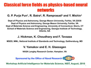 1
G. P. Purja Pun1, R. Batra2, R. Ramprasad3 and Y. Mishin1
Dept of Physics and Astronomy, George Mason University, Fairfax, VA 22030
Dept of Physics and Astronomy, George Mason University, Fairfax, VA
Dept of Materials Science and Engineering, University of Connecticut, Storrs, CT
School of Materials Science and Engineering, Georgia Institute of Technology,
Atlanta, GA
J. Hickman, K. Choudhary and F. Tavazza
MSED, MML, National Institute of Standards and Technology, Gaithersburg, MD
V. Yamakov and E. H. Glaessgen
NASA Langley Research Center, Hampton, VA
Classical force fields as physics-based neural
networks 
Sponsored by the Oﬃce of Naval Research
Workshop Artiﬁcial Intelligence for Materials Science, NIST, August, 2018
 