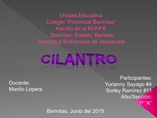 Participantes:
Yurianny Sayago #4
Sorley Ramírez #11
Año/Sección:
1º “A”
Docente:
Manlio Lopera
Barinitas, Junio del 2015
 