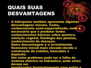 QUAIS SUAS
DESVAMTAGENS
• A hidroponia também apresenta algumas
  desvantagens iniciais. Como,
  conhecimento semi-especializado, onde é
  necessário que o produtor tenha
  conhecimentos básicos sobre química,
  nutrição vegetal, fisiologia das plantas,
  conhecimento de doenças.
  Outra desvantagem é o investimento
  financeiro inicial mais elevado devido a
  construção de estufas, bancadas e
  depósito.
  Um outro problema pode ser a falha do
  sistema elétrico ou hidráulico, onde estes
  devem ser
 
