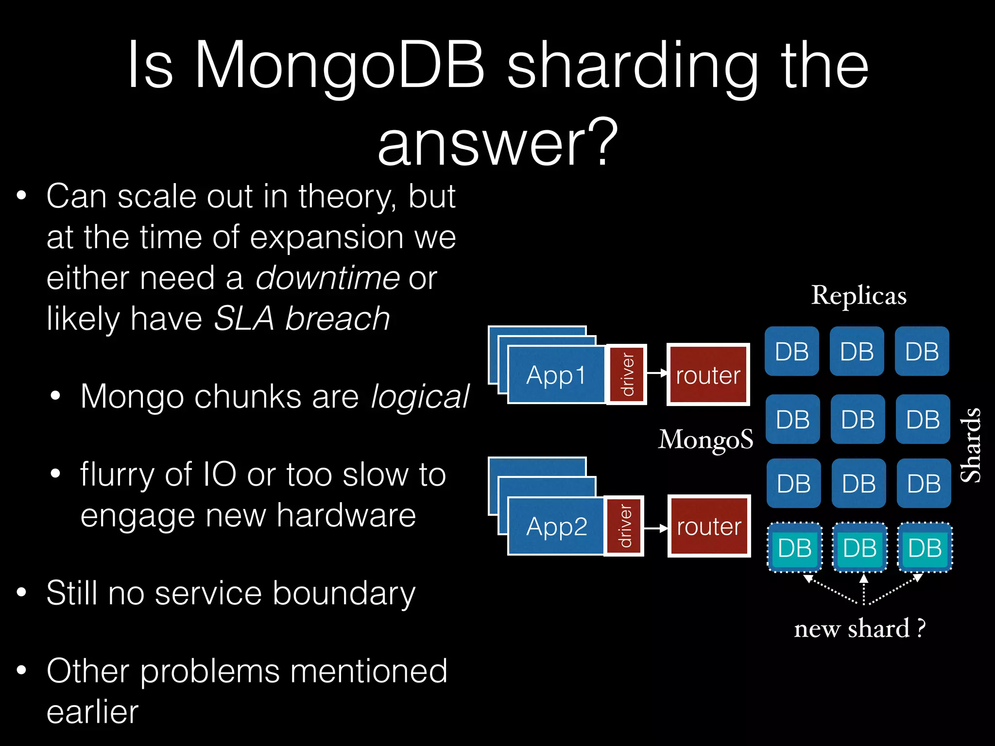 Is MongoDB sharding the 
answer? 
• Can scale out in theory, but 
at the time of expansion we 
either need a downtime or 
likely have SLA breach 
• Mongo chunks are logical 
• flurry of IO or too slow to 
engage new hardware 
• Still no service boundary 
• Other problems mentioned 
earlier 
AApppp11 App1 
App1 
App1 
App2 
driver 
Replicas 
DB DB DB 
DB DB DB 
DB DB DB 
DB DB DB 
Shards 
router 
router 
driver 
new shard ? 
MongoS 
 