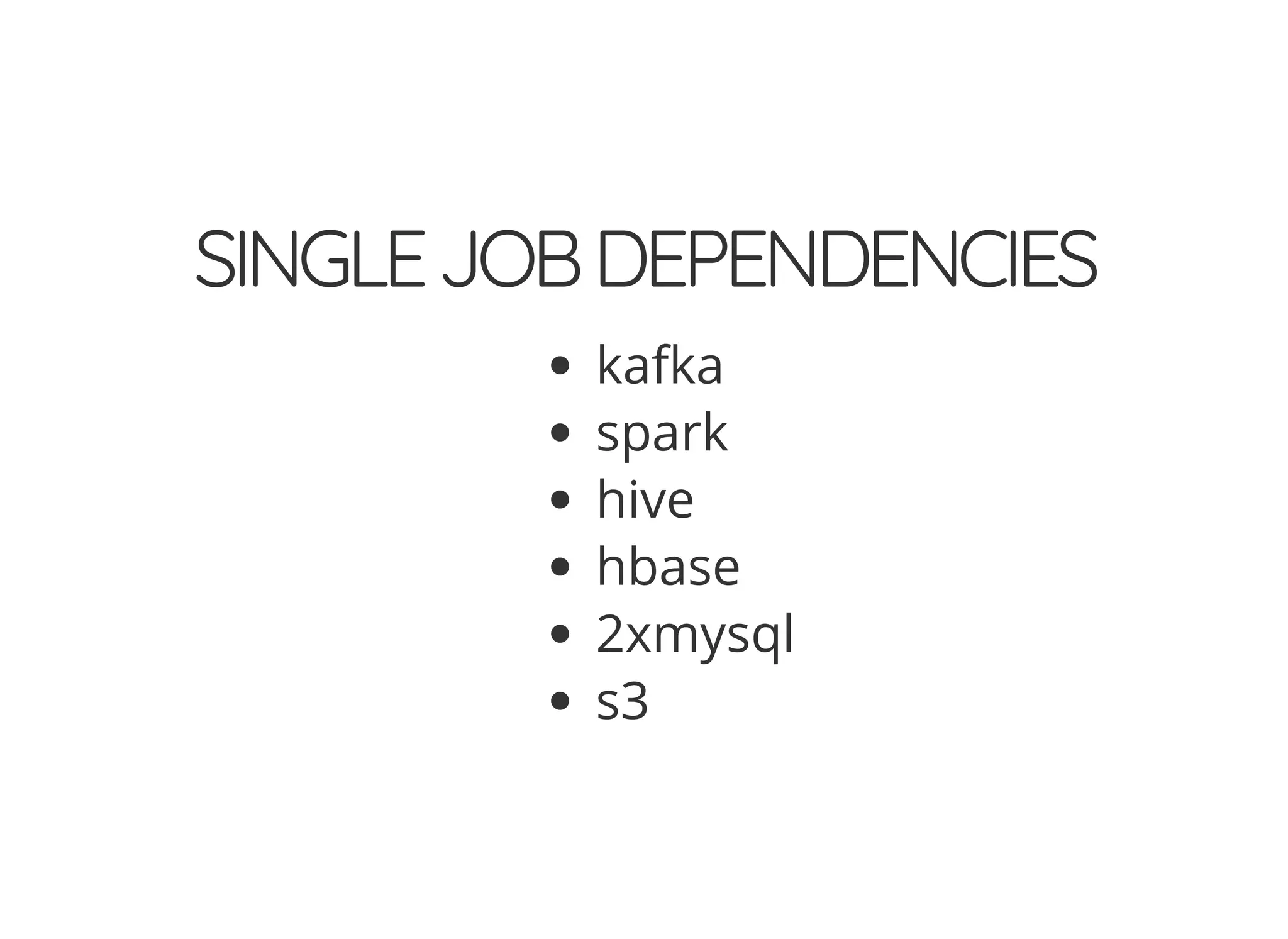 SINGLEJOBDEPENDENCIES
kafka
spark
hive
hbase
2xmysql
s3
 