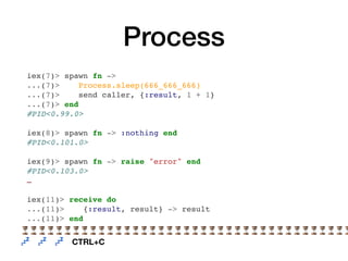 Process
iex(7)> spawn fn ->
...(7)> Process.sleep(666_666_666)
...(7)> send caller, {:result, 1 + 1}
...(7)> end
#PID<0.99...