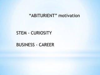 “ABITURIENT” motivation


STEM - CURIOSITY

BUSINESS - CAREER
 
