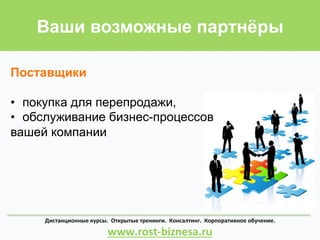 Дистанционные	
  курсы.	
  	
  Открытые	
  тренинги.	
  	
  Консалтинг.	
  	
  Корпоративное	
  обучение.	
  	
  	
  	
  	
  	
  	
  	
  	
  	
  	
  	
  	
  	
  	
  	
  	
  	
  	
  	
  	
  	
  
www.rost-­‐biznesa.ru	
  
Ваши возможные партнёры
Поставщики
•  покупка для перепродажи,
•  обслуживание бизнес-процессов
вашей компании
 