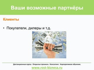 Дистанционные	
  курсы.	
  	
  Открытые	
  тренинги.	
  	
  Консалтинг.	
  	
  Корпоративное	
  обучение.	
  	
  	
  	
  	
  	
  	
  	
  	
  	
  	
  	
  	
  	
  	
  	
  	
  	
  	
  	
  	
  	
  
www.rost-­‐biznesa.ru	
  
Ваши возможные партнёры
Клиенты
•  Покупатели, дилеры и т.д.
 