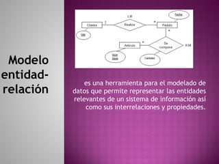 Modelo
entidad-
relación
es una herramienta para el modelado de
datos que permite representar las entidades
relevantes de un sistema de información así
como sus interrelaciones y propiedades.
 