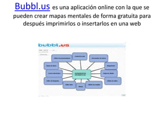 Bubbl.us es una aplicación online con la que se
pueden crear mapas mentales de forma gratuita para
después imprimirlos o insertarlos en una web
 