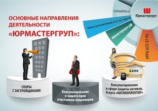 ОСНОВНЫЕ НАПРАВЛЕНИЯ
ДЕЯТЕЛЬНОСТИ
«ЮРМАСТЕРГРУП»:
БАНК
 