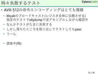 • AVX-512の命令エンコーディングはとても複雑
• Xbyakのブロードキャスト(レジスタ全体に伝搬させる)
指定のテストでobjdumpで逆アセンブルしながら確認中
• なんかテストがたまに失敗する
• しかし落ちたところを取り出してテストしてもpass
• うーん
• 調査中(略)
時々失敗するテスト
12 / 36
 