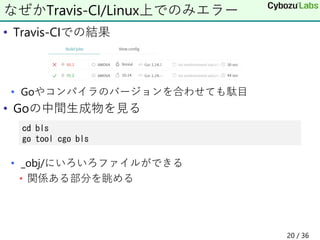 • Travis-CIでの結果
• Goやコンパイラのバージョンを合わせても駄目
• Goの中間生成物を見る
• _obj/にいろいろファイルができる
• 関係ある部分を眺める
なぜかTravis-CI/Linux上でのみエラー
cd bls
go tool cgo bls
20 / 36
 