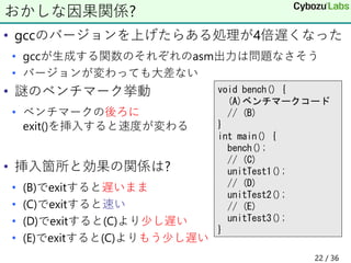 • gccのバージョンを上げたらある処理が4倍遅くなった
• gccが生成する関数のそれぞれのasm出力は問題なさそう
• バージョンが変わっても大差ない
• 謎のベンチマーク挙動
• ベンチマークの後ろに
exit()を挿入すると速度が変わる
• 挿入箇所と効果の関係は?
• (B)でexitすると遅いまま
• (C)でexitすると速い
• (D)でexitすると(C)より少し遅い
• (E)でexitすると(C)よりもう少し遅い
おかしな因果関係?
void bench() {
(A)ベンチマークコード
// (B)
}
int main() {
bench();
// (C)
unitTest1();
// (D)
unitTest2();
// (E)
unitTest3();
}
22 / 36
 