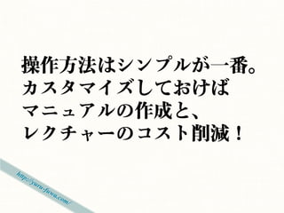 操作方法はシンプルが一番。
カスタマイズしておけば
マニュアルの作成と、
レクチャーのコスト削減！
 