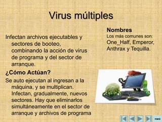 Virus múltiples
Infectan archivos ejecutables y
sectores de booteo,
combinando la acción de virus
de programa y del sector de
arranque.
¿Cómo Actúan?
Se auto ejecutan al ingresan a la
máquina, y se multiplican.
Infectan, gradualmente, nuevos
sectores. Hay que eliminarlos
simultáneamente en el sector de
arranque y archivos de programa
Nombres
Los más comunes son:
One_Half, Emperor,
Anthrax y Tequilla.
 