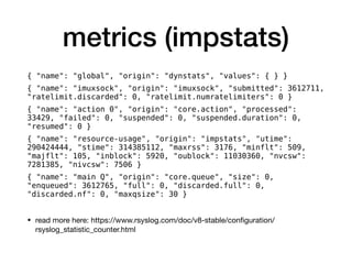 metrics (impstats)
{ "name": "global", "origin": "dynstats", "values": { } }
{ "name": "imuxsock", "origin": "imuxsock", "submitted": 3612711,
"ratelimit.discarded": 0, "ratelimit.numratelimiters": 0 }
{ "name": "action 0", "origin": "core.action", "processed":
33429, "failed": 0, "suspended": 0, "suspended.duration": 0,
"resumed": 0 }
{ "name": "resource-usage", "origin": "impstats", "utime":
290424444, "stime": 314385112, "maxrss": 3176, "minflt": 509,
"majflt": 105, "inblock": 5920, "oublock": 11030360, "nvcsw":
7281385, "nivcsw": 7506 }
{ "name": "main Q", "origin": "core.queue", "size": 0,
"enqueued": 3612765, "full": 0, "discarded.full": 0,
"discarded.nf": 0, "maxqsize": 30 }
• read more here: https://www.rsyslog.com/doc/v8-stable/conﬁguration/
rsyslog_statistic_counter.html
 