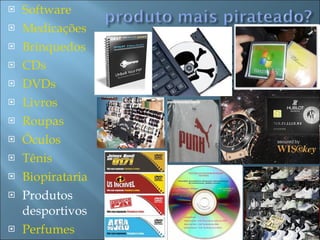 Software   Medicações   Brinquedos   CDs   DVDs   Livros   Roupas   Óculos   Tênis   Biopirataria   Produtos desportivos  Perfumes   Relógios   