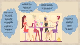 Java (Karla)
felizmente casada
con un médico
aunque un poco
distante por
cuestiones de trabajo
Banda (Elismar),te
cuento amiga que
tenía un novio
durante mucho
tiempo un gran
amor pero el
destino no jugó
una mala pasada
se mudó a
argentina a
estudiar, ya no era
igual ese amor la
distancia nos
separó
definitivamente
Glga (Mariela) amiga
confidente de mis años
mozos que me cuentas,
me divorcie vivo mi
vida relajada
Bit; Amigas me
quede viuda y
millonaria, las
extrañabas y
sobre todo
nuestras
vivencias.
Que han sabido
de Facebook.
 