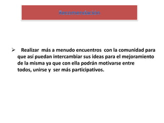  Realizar más a menudo encuentros con la comunidad para
que así puedan intercambiar sus ideas para el mejoramiento
de la misma ya que con ella podrán motivarse entre
todos, unirse y ser más participativos.

 