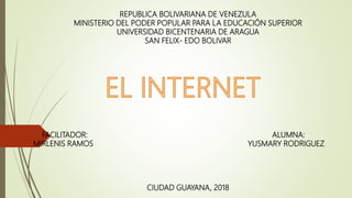 REPUBLICA BOLIVARIANA DE VENEZULA
MINISTERIO DEL PODER POPULAR PARA LA EDUCACIÓN SUPERIOR
UNIVERSIDAD BICENTENARIA DE ARAGUA
SAN FELIX- EDO BOLIVAR
FACILITADOR: ALUMNA:
MIRLENIS RAMOS YUSMARY RODRIGUEZ
CIUDAD GUAYANA, 2018
 