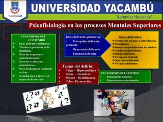 TRASTORNOS DEL CONTROL
• Pensamiento obsesivo
• Pensamientoseudo-obsesión
TRASTORNOS DEL
CONTENIDO
 Ideas delirantes primarias:
 Tienden a guardarse en la
intimidad.
 No se las argumenta
coordinadamente.
 No se las verifica por
coincidencias.
 No se traducen en conductas
activas.
 Se lucha poco a favor o en
contra de lo revelado.
Psicofisiología en los procesos Mentales Superiores
Ideas delirantes primarias:
• Percepción delirante
primaria
• Ocurrencia delirante
• Fantasía delirante
Temas del delirio:
 Culpa - Hipocondríaco
 Ruina - Grandeza
 Místico - De influencia
 Celos - Persecución.
 