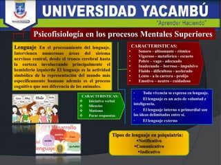 CARACTERISTICAS:
 Iniciativa verbal
 Silencios
 Mutismo
 Parar respuestas
Psicofisiología en los procesos Mentales Superiores
• Toda vivencia se expresa en lenguaje.
• El lenguaje es un acto de voluntad e
inteligencia.
• El lenguaje interno o primordial son
las ideas delimitadas entre sí.
• El lenguaje externo
CARACTERISTICAS:
• Sonoro - altisonante - rítmico
• Vigoroso - metafórico - escueto
• Pobre – vago - adecuado
• Inadecuado – borroso - impulsivo
• Fluido - dificultoso - acelerado
• Lento - a la carrera - prolijo
• Emotivo – neutro - cuidadoso
 