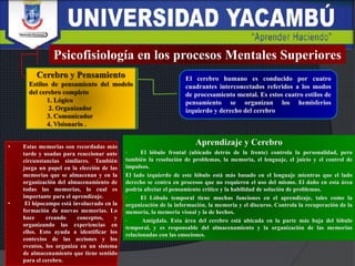 Psicofisiología en los procesos Mentales Superiores
El cerebro humano es conducido por cuatro
cuadrantes interconectados referidos a los modos
de procesamiento mental. Es estos cuatro estilos de
pensamiento se organizan los hemisferios
izquierdo y derecho del cerebro
Aprendizaje y Cerebro
• El lóbulo frontal (ubicado detrás de la frente) controla la personalidad, pero
también la resolución de problemas, la memoria, el lenguaje, el juicio y el control de
impulsos.
El lado izquierdo de este lóbulo está más basado en el lenguaje mientras que el lado
derecho se centra en procesos que no requieren el uso del mismo. El daño en esta área
podría afectar el pensamiento crítico y la habilidad de solución de problemas.
• El Lóbulo temporal tiene muchas funciones en el aprendizaje, tales como la
organización de la información, la memoria y el discurso. Controla la recuperación de la
memoria, la memoria visual y la de hechos.
• Amígdala. Esta área del cerebro está ubicada en la parte más baja del lóbulo
temporal, y es responsable del almacenamiento y la organización de las memorias
relacionadas con las emociones.
• Estas memorias son recordadas más
tarde y usadas para reaccionar ante
circunstancias similares. También
juega un papel en la elección de las
memorias que se almacenan y en la
organización del almacenamiento de
todas las memorias, lo cual es
importante para el aprendizaje.
• El hipocampo está involucrado en la
formación de nuevas memorias. Lo
hace creando conceptos, y
organizando las experiencias en
ellos. Esto ayuda a identificar los
contextos de las acciones y los
eventos, los organiza en un sistema
de almacenamiento que tiene sentido
para el cerebro.
 