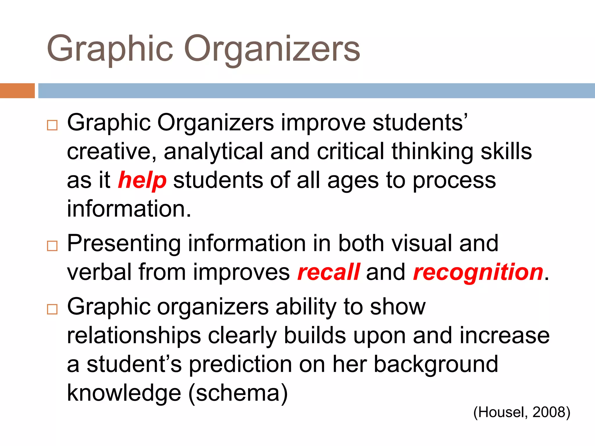 Graphic OrganizersGraphic Organizers improve students’ creative, analytical and critical thinking skills  as it help students of all ages to process information.Presenting information in both visual and verbal from improves recall and recognition.Graphic organizers ability to show relationships clearly builds upon and increase a student’s prediction on her background knowledge (schema)(Housel, 2008)