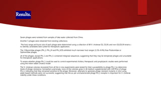 Results.
 Seven phages were isolated from samples of lake water collected from China.
 Another 5 phages were obtained from existing collections.
 The host range and burst size of each phage were determined using a collection of 89 V. cholerae O1, O139, and non-O1/O139 strains )
to identify candidates best suited for therapeutic application.
 The 3 Myoviridae phages (Phi_2, Phi_24 and Phi_X29) exhibited much narrower host ranges (1.1%–4.4%) than Podoviridae or
Siphoviridae phages
 all of the phages, except Phi_1 and Phi_3, contained integrase sequences, suggesting that they may be temperate phages and unsuitable
for therapeutic applications.
 To assess whether phage Phi_1 could be used to control experimental cholera, therapeutic and prophylactic studies were performed
using the infant rabbit cholera model
 The V. cholerae colonies recovered from all the in vivo experiments were tested for their susceptibility to phage Phi_1 to determine
levels of phage-resistance. Somewhat surprisingly, none of the colonies grew in LB medium supplemented with 109 PFUs of phage
Phi_1, indicating that they remained sensitive to the phage. Moreover, attempts to generate phage-resistant mutants in vitro using
plate-based methods were not successful, suggesting that the as-yet-uncharacterized phage Phi_1 receptor is important for V. cholerae
viability under these conditions.
 