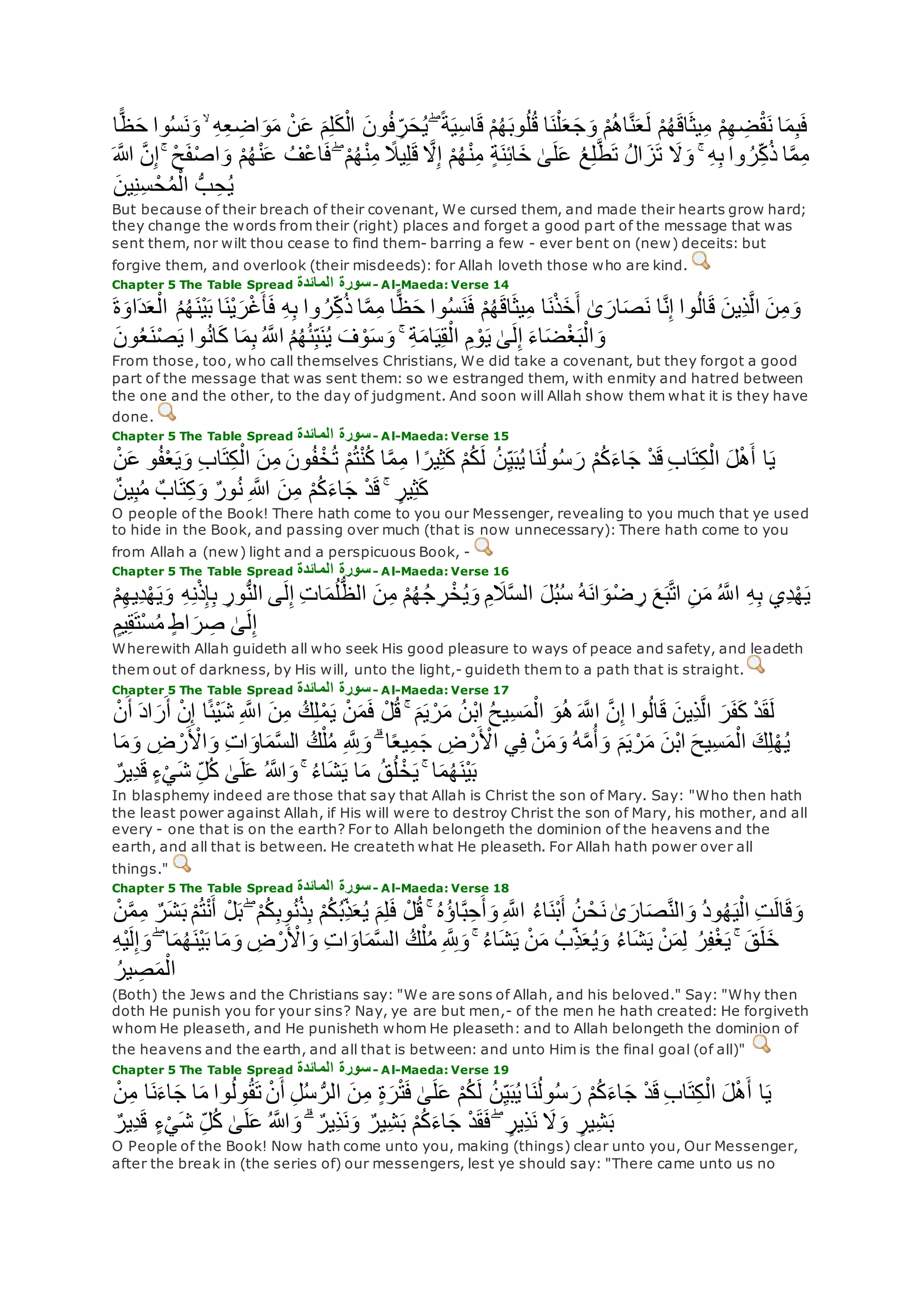 ‫و‬ ۙ ِ‫ه‬ِ‫ع‬ ِ‫اض‬‫و‬‫م‬ ْ‫ن‬‫ع‬ ‫م‬ِ‫ل‬‫ك‬ْ‫ال‬ ‫ون‬ُ‫ف‬ ِ‫ر‬‫ح‬ُ‫ي‬ ۖ ً‫ة‬‫ي‬ِ‫س‬‫ا‬‫ق‬ ْ‫م‬ُ‫ه‬‫وب‬ُ‫ل‬ُ‫ق‬ ‫ا‬‫ن‬ْ‫ل‬‫ع‬‫ج‬‫و‬ ْ‫م‬ُ‫ه‬‫ا‬‫ه‬‫ن‬‫ع‬‫ل‬ ْ‫م‬ُ‫ه‬‫اق‬‫يث‬ِ‫م‬ ْ‫م‬ِ‫ه‬ ِ‫ض‬ْ‫ق‬‫ن‬ ‫ا‬‫م‬ِ‫ب‬‫ف‬‫ا‬ًّ‫ظ‬‫ح‬ ‫وا‬ُ‫س‬‫ن‬
ْ‫م‬ُ‫ه‬ْ‫ن‬ِ‫م‬ ٍ‫ة‬‫ن‬ِ‫ئ‬‫ا‬‫خ‬ َٰ‫ى‬‫ل‬‫ع‬ ُ‫ع‬ِ‫ل‬‫ه‬‫ط‬‫ت‬ ُ‫ل‬‫ا‬‫ز‬‫ت‬ ‫َل‬‫و‬ ۚ ِ‫ه‬ِ‫ب‬ ‫وا‬ ُ‫ر‬ِ‫ك‬ُ‫ذ‬ ‫ا‬‫ه‬‫م‬ِ‫م‬‫اَّلله‬ ‫ه‬‫ن‬ِ‫إ‬ ۚ ْ‫ح‬‫ف‬ْ‫ص‬‫ا‬‫و‬ ْ‫م‬ُ‫ه‬ْ‫ن‬‫ع‬ ُ‫ْف‬‫ع‬‫ا‬‫ف‬ ۖ ْ‫م‬ُ‫ه‬ْ‫ن‬ِ‫م‬ ً‫يَل‬ِ‫ل‬‫ق‬ ‫ه‬‫َل‬ِ‫إ‬
‫ين‬ِ‫ن‬ِ‫س‬ ْ‫ح‬ُ‫م‬ْ‫ال‬ ُّ‫ب‬ ِ‫ح‬ُ‫ي‬
But because of their breach of their covenant, We cursed them, and made their hearts grow hard;
they change the words from their (right) places and forget a good part of the message that was
sent them, nor wilt thou cease to find them- barring a few - ever bent on (new) deceits: but
forgive them, and overlook (their misdeeds): for Allah loveth those who are kind.
Chapter 5 The Table Spread ‫المائدة‬ ‫سورة‬- Al-Maeda: Verse 14
ُ‫ه‬‫ْن‬‫ي‬‫ب‬ ‫ا‬‫ْن‬‫ي‬‫ر‬ْ‫غ‬‫أ‬‫ف‬ ِ‫ه‬ِ‫ب‬ ‫وا‬ ُ‫ر‬ِ‫ك‬ُ‫ذ‬ ‫ا‬‫ه‬‫م‬ِ‫م‬ ‫ا‬ًّ‫ظ‬‫ح‬ ‫وا‬ُ‫س‬‫ن‬‫ف‬ ْ‫م‬ُ‫ه‬‫اق‬‫يث‬ِ‫م‬ ‫ا‬‫ن‬ْ‫ذ‬‫خ‬‫أ‬ َٰ‫ى‬‫ار‬‫ص‬‫ن‬ ‫ا‬‫ه‬‫ن‬ِ‫إ‬ ‫وا‬ُ‫ل‬‫ا‬‫ق‬ ‫ِين‬‫ذ‬‫ه‬‫ل‬‫ا‬ ‫ن‬ِ‫م‬‫و‬‫ة‬‫او‬‫د‬‫ع‬ْ‫ال‬ ُ‫م‬
ُ‫ي‬ ‫ف‬ ْ‫و‬‫س‬‫و‬ ۚ ِ‫ة‬‫ام‬‫ي‬ِ‫ق‬ْ‫ال‬ ِ‫م‬ ْ‫و‬‫ي‬ َٰ‫ى‬‫ل‬ِ‫إ‬ ‫اء‬‫ض‬ْ‫غ‬‫ب‬ْ‫ال‬‫و‬‫ون‬ُ‫ع‬‫ن‬ْ‫ص‬‫ي‬ ‫وا‬ُ‫ن‬‫ا‬‫ك‬ ‫ا‬‫م‬ِ‫ب‬ ُ ‫ه‬‫اَّلل‬ ُ‫م‬ُ‫ه‬ُ‫ئ‬ِ‫ب‬‫ن‬
From those, too, who call themselves Christians, We did take a covenant, but they forgot a good
part of the message that was sent them: so we estranged them, with enmity and hatred between
the one and the other, to the day of judgment. And soon will Allah show them what it is they have
done.
Chapter 5 The Table Spread ‫المائدة‬ ‫سورة‬- Al-Maeda: Verse 15
ُ‫ن‬ِ‫ي‬‫ب‬ُ‫ي‬ ‫ا‬‫ن‬ُ‫ل‬‫و‬ُ‫س‬‫ر‬ ْ‫م‬ُ‫ك‬‫اء‬‫ج‬ ْ‫د‬‫ق‬ ِ‫ب‬‫ا‬‫ت‬ِ‫ك‬ْ‫ال‬ ‫ل‬ْ‫ه‬‫أ‬ ‫ا‬‫ي‬ْ‫ن‬‫ع‬ ‫و‬ُ‫ف‬ْ‫ع‬‫ي‬‫و‬ ِ‫ب‬‫ا‬‫ت‬ِ‫ك‬ْ‫ال‬ ‫ن‬ِ‫م‬ ‫ون‬ُ‫ف‬ْ‫خ‬ُ‫ت‬ ْ‫م‬ُ‫ت‬ْ‫ن‬ُ‫ك‬ ‫ا‬‫ه‬‫م‬ِ‫م‬ ‫ا‬ ً‫ير‬ِ‫ث‬‫ك‬ ْ‫م‬ُ‫ك‬‫ل‬
ٌ‫ن‬‫ي‬ِ‫ب‬ُ‫م‬ ٌ‫اب‬‫ت‬ِ‫ك‬‫و‬ ٌ‫ر‬‫و‬ُ‫ن‬ ِ ‫اَّلله‬ ‫ن‬ِ‫م‬ ْ‫م‬ُ‫ك‬‫اء‬‫ج‬ ْ‫د‬‫ق‬ ۚ ٍ‫ير‬ِ‫ث‬‫ك‬
O people of the Book! There hath come to you our Messenger, revealing to you much that ye used
to hide in the Book, and passing over much (that is now unnecessary): There hath come to you
from Allah a (new) light and a perspicuous Book, -
Chapter 5 The Table Spread ‫المائدة‬ ‫سورة‬- Al-Maeda: Verse 16
ِ‫ن‬‫م‬ ُ ‫ه‬‫اَّلل‬ ِ‫ه‬ِ‫ب‬ ‫ِي‬‫د‬ْ‫ه‬‫ي‬ْ‫م‬ِ‫ه‬‫ِي‬‫د‬ْ‫ه‬‫ي‬‫و‬ ِ‫ه‬ِ‫ن‬ْ‫ذ‬ِ‫إ‬ِ‫ب‬ ِ‫ور‬ُّ‫ن‬‫ال‬ ‫ى‬‫ل‬ِ‫إ‬ ِ‫ت‬‫ا‬‫م‬ُ‫ل‬ُّ‫ظ‬‫ال‬ ‫ن‬ِ‫م‬ ْ‫م‬ُ‫ه‬ُ‫ج‬ ِ‫ر‬ْ‫خ‬ُ‫ي‬‫و‬ ِ‫م‬‫َل‬‫ه‬‫س‬‫ال‬ ‫ل‬ُ‫ب‬ُ‫س‬ ُ‫ه‬‫ان‬‫و‬ْ‫ض‬ ِ‫ر‬ ‫ع‬‫ب‬‫ه‬‫ت‬‫ا‬
ٍ‫يم‬ِ‫ق‬‫ْت‬‫س‬ُ‫م‬ ٍ‫ط‬‫ا‬‫ر‬ ِ‫ص‬ َٰ‫ى‬‫ل‬ِ‫إ‬
Wherewith Allah guideth all who seek His good pleasure to ways of peace and safety, and leadeth
them out of darkness, by His will, unto the light,- guideth them to a path that is straight.
Chapter 5 The Table Spread ‫المائدة‬ ‫سورة‬- Al-Maeda: Verse 17
ُ‫ن‬ْ‫ب‬‫ا‬ ُ‫ح‬‫ِي‬‫س‬‫م‬ْ‫ال‬ ‫و‬ُ‫ه‬ ‫ه‬‫اَّلل‬ ‫ه‬‫ن‬ِ‫إ‬ ‫وا‬ُ‫ل‬‫ا‬‫ق‬ ‫ِين‬‫ذ‬‫ه‬‫ل‬‫ا‬ ‫ر‬‫ف‬‫ك‬ ْ‫د‬‫ق‬‫ل‬ْ‫ن‬‫أ‬ ‫اد‬‫ر‬‫أ‬ ْ‫ن‬ِ‫إ‬ ‫ا‬ً‫ئ‬ْ‫ي‬‫ش‬ ِ ‫ه‬‫اَّلل‬ ‫ن‬ِ‫م‬ ُ‫ك‬ِ‫ل‬ْ‫م‬‫ي‬ ْ‫ن‬‫م‬‫ف‬ ْ‫ل‬ُ‫ق‬ ۚ ‫م‬‫ي‬ ْ‫ر‬‫م‬
‫ا‬‫م‬‫و‬ ِ‫ض‬ ْ‫ر‬ ْ‫اْل‬‫و‬ ِ‫ت‬‫ا‬‫او‬‫م‬‫ه‬‫س‬‫ال‬ ُ‫ك‬ْ‫ل‬ُ‫م‬ ِ ‫ه‬ ِ‫َّلل‬‫و‬ ۗ ‫ا‬ً‫ع‬‫ي‬ِ‫م‬‫ج‬ ِ‫ض‬ ْ‫ر‬ ْ‫اْل‬ ‫ي‬ِ‫ف‬ ْ‫ن‬‫م‬‫و‬ ُ‫ه‬‫ه‬‫م‬ُ‫أ‬‫و‬ ‫م‬‫ي‬ ْ‫ر‬‫م‬ ‫ْن‬‫ب‬‫ا‬ ‫ِيح‬‫س‬‫م‬ْ‫ال‬ ‫ك‬ِ‫ل‬ْ‫ه‬ُ‫ي‬
ِ‫ل‬ُ‫ك‬ َٰ‫ى‬‫ل‬‫ع‬ ُ ‫اَّلله‬‫و‬ ۚ ُ‫ء‬‫ا‬‫ش‬‫ي‬ ‫ا‬‫م‬ ُ‫ق‬ُ‫ل‬ ْ‫خ‬‫ي‬ ۚ ‫ا‬‫م‬ُ‫ه‬‫ْن‬‫ي‬‫ب‬ٌ‫ِير‬‫د‬‫ق‬ ٍ‫ء‬ْ‫ي‬‫ش‬
In blasphemy indeed are those that say that Allah is Christ the son of Mary. Say: "Who then hath
the least power against Allah, if His will were to destroy Christ the son of Mary, his mother, and all
every - one that is on the earth? For to Allah belongeth the dominion of the heavens and the
earth, and all that is between. He createth what He pleaseth. For Allah hath power over all
things."
Chapter 5 The Table Spread ‫المائدة‬ ‫سورة‬- Al-Maeda: Verse 18
ْ‫ل‬‫ب‬ ۖ ْ‫م‬ُ‫ك‬ِ‫ب‬‫و‬ُ‫ن‬ُ‫ذ‬ِ‫ب‬ ْ‫م‬ُ‫ك‬ُ‫ب‬ِ‫ذ‬‫ع‬ُ‫ي‬ ‫م‬ِ‫ل‬‫ف‬ ْ‫ل‬ُ‫ق‬ ۚ ُ‫ه‬ُ‫ؤ‬‫ا‬‫ه‬‫ب‬ِ‫ح‬‫أ‬‫و‬ ِ ‫ه‬‫اَّلل‬ ُ‫ء‬‫ا‬‫ْن‬‫ب‬‫أ‬ ُ‫ن‬ ْ‫ح‬‫ن‬ َٰ‫ى‬‫ار‬‫ص‬‫ه‬‫ن‬‫ال‬‫و‬ ُ‫د‬‫و‬ُ‫ه‬‫ي‬ْ‫ال‬ ِ‫ت‬‫ال‬‫ق‬‫و‬ْ‫ن‬‫ه‬‫م‬ِ‫م‬ ٌ‫ر‬‫ش‬‫ب‬ ْ‫م‬ُ‫ت‬ْ‫ن‬‫أ‬
ْ‫اْل‬‫و‬ ِ‫ت‬‫ا‬‫او‬‫م‬‫ه‬‫س‬‫ال‬ ُ‫ك‬ْ‫ل‬ُ‫م‬ ِ ‫ه‬ ِ‫َّلل‬‫و‬ ۚ ُ‫ء‬‫ا‬‫ش‬‫ي‬ ْ‫ن‬‫م‬ ُ‫ِب‬‫ذ‬‫ع‬ُ‫ي‬‫و‬ ُ‫ء‬‫ا‬‫ش‬‫ي‬ ْ‫ن‬‫م‬ِ‫ل‬ ُ‫ر‬ِ‫ف‬ْ‫غ‬‫ي‬ ۚ ‫ق‬‫ل‬‫خ‬ِ‫ه‬ْ‫ي‬‫ل‬ِ‫إ‬‫و‬ ۖ ‫ا‬‫م‬ُ‫ه‬‫ْن‬‫ي‬‫ب‬ ‫ا‬‫م‬‫و‬ ِ‫ض‬ْ‫ر‬
ُ‫ير‬ ِ‫ص‬‫م‬ْ‫ال‬
(Both) the Jews and the Christians say: "We are sons of Allah, and his beloved." Say: "Why then
doth He punish you for your sins? Nay, ye are but men,- of the men he hath created: He forgiveth
whom He pleaseth, and He punisheth whom He pleaseth: and to Allah belongeth the dominion of
the heavens and the earth, and all that is between: and unto Him is the final goal (of all)"
Chapter 5 The Table Spread ‫المائدة‬ ‫سورة‬- Al-Maeda: Verse 19
ِ‫م‬ ‫ا‬‫ن‬‫اء‬‫ج‬ ‫ا‬‫م‬ ‫وا‬ُ‫ل‬‫و‬ُ‫ق‬‫ت‬ ْ‫ن‬‫أ‬ ِ‫ل‬ُ‫س‬ ُّ‫الر‬ ‫ن‬ِ‫م‬ ٍ‫ة‬‫ر‬ْ‫ت‬‫ف‬ َٰ‫ى‬‫ل‬‫ع‬ ْ‫م‬ُ‫ك‬‫ل‬ ُ‫ن‬ِ‫ي‬‫ب‬ُ‫ي‬ ‫ا‬‫ن‬ُ‫ل‬‫و‬ُ‫س‬‫ر‬ ْ‫م‬ُ‫ك‬‫اء‬‫ج‬ ْ‫د‬‫ق‬ ِ‫ب‬‫ا‬‫ت‬ِ‫ك‬ْ‫ال‬ ‫ل‬ْ‫ه‬‫أ‬ ‫ا‬‫ي‬ْ‫ن‬
ٍ‫ء‬ْ‫ي‬‫ش‬ ِ‫ل‬ُ‫ك‬ َٰ‫ى‬‫ل‬‫ع‬ ُ ‫اَّلله‬‫و‬ ۗ ٌ‫ِير‬‫ذ‬‫ن‬‫و‬ ٌ‫ِير‬‫ش‬‫ب‬ ْ‫م‬ُ‫ك‬‫اء‬‫ج‬ ْ‫د‬‫ق‬‫ف‬ ۖ ٍ‫ِير‬‫ذ‬‫ن‬ ‫َل‬‫و‬ ٍ‫ِير‬‫ش‬‫ب‬ٌ‫ِير‬‫د‬‫ق‬
O People of the Book! Now hath come unto you, making (things) clear unto you, Our Messenger,
after the break in (the series of) our messengers, lest ye should say: "There came unto us no
 